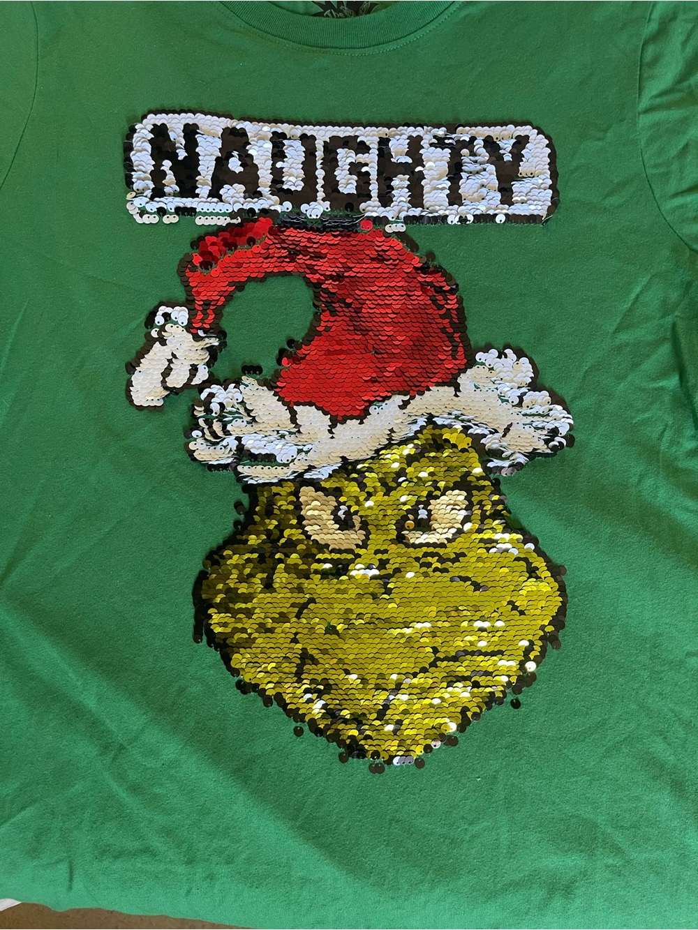 Dr. Seuss Green Naught Or Nice Sequins TeeShirt 
Kids XL